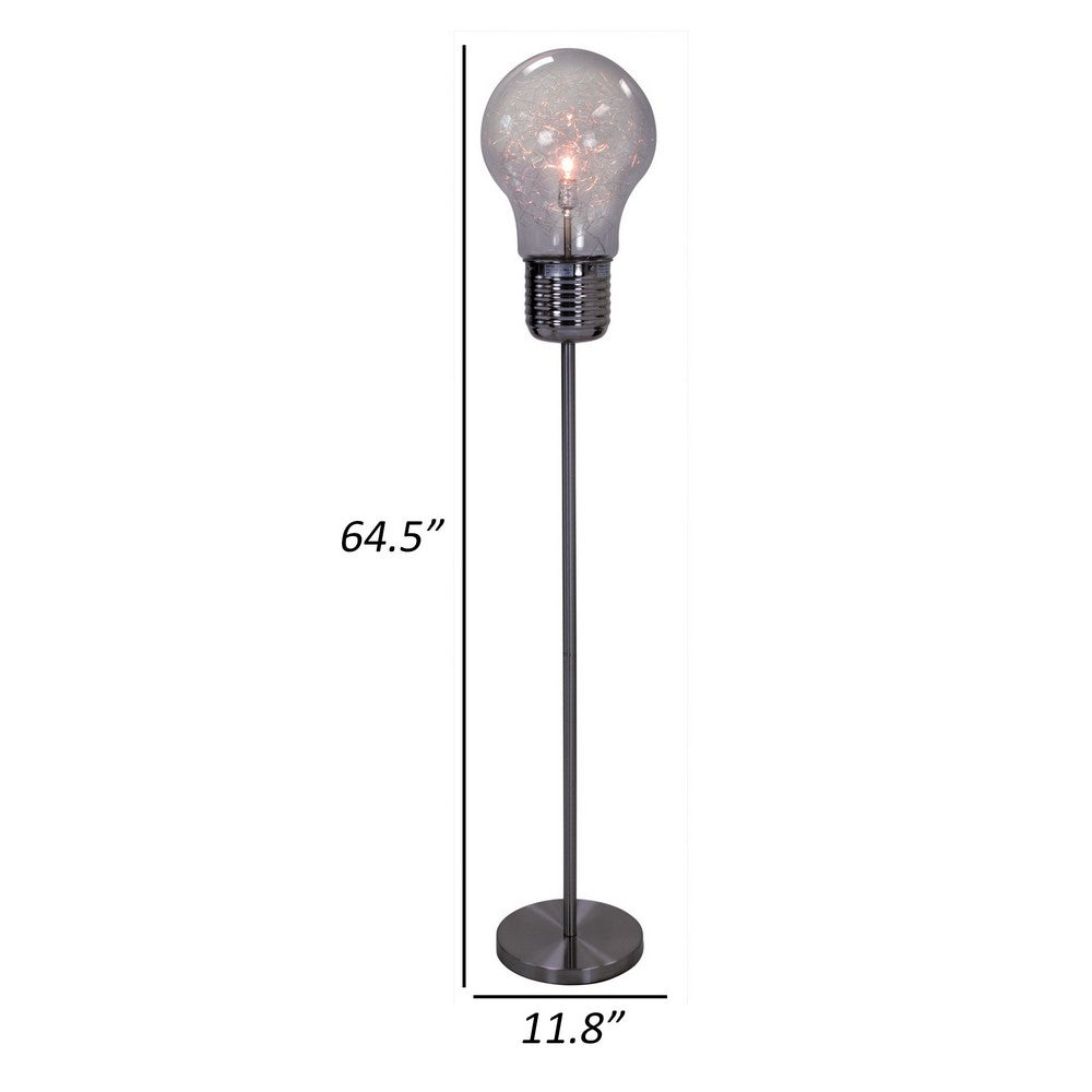 Febe 65 Inch Floor Lamp, Large Bulb Shade, Glass, Metal, Black Nickel - BM308972