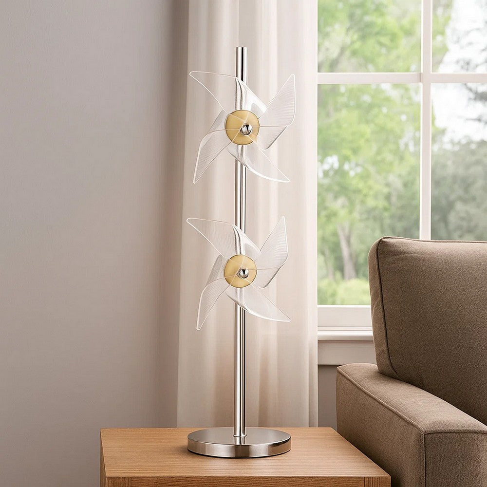 29 Inch Table Lamp, LED Pinwheel Shades, Metal, Acrylic, Sand Chrome 
 - BM308974