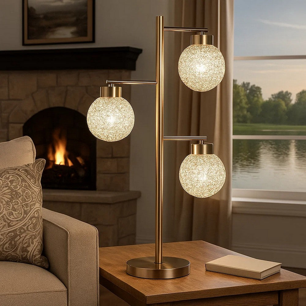 Fern 31 Inch Table Lamp with 3 Orb Shades, Metal, Sand Chrome Finish - BM308976