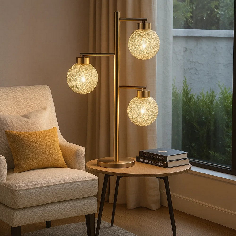 Fern 31 Inch Table Lamp with 3 Orb Shades, Metal, Sand Chrome Finish - BM308976