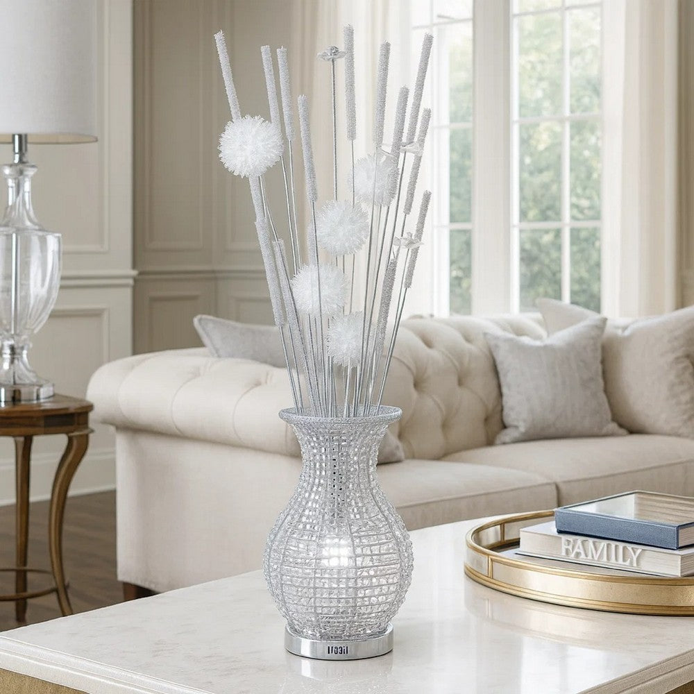 63 Inch Floor Lamp, Flower Vase Design, Wire Base, Metal, Chrome Finish - BM308977