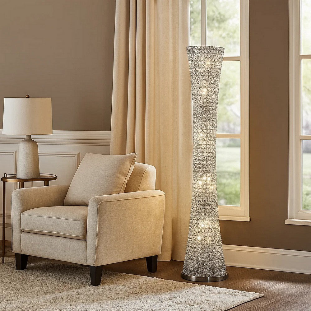 Wren 57 Inch Floor Lamp, Crystal Base with Subtle Curve, Metal, Silver - BM308980