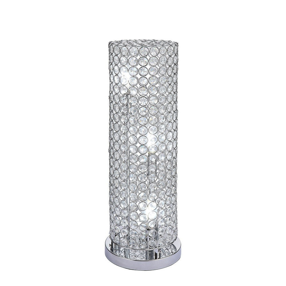 21 Inch Table Lamp, Crystal Stand, Open-Top Design, Silver Finished Metal - BM308981