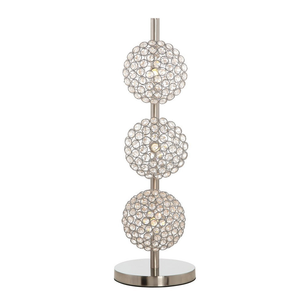 26 Inch Table Lamp with 3 Crystal Rounds Shades, Sand Chrome Finished Metal - BM308982