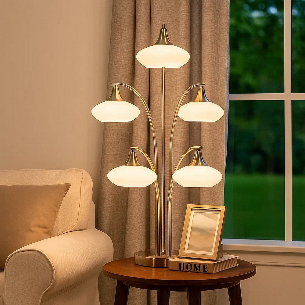 31 Inch Table Lamp, 5 Dome Shape Shades, Glass, Sand Chrome Finished Metal - BM308984