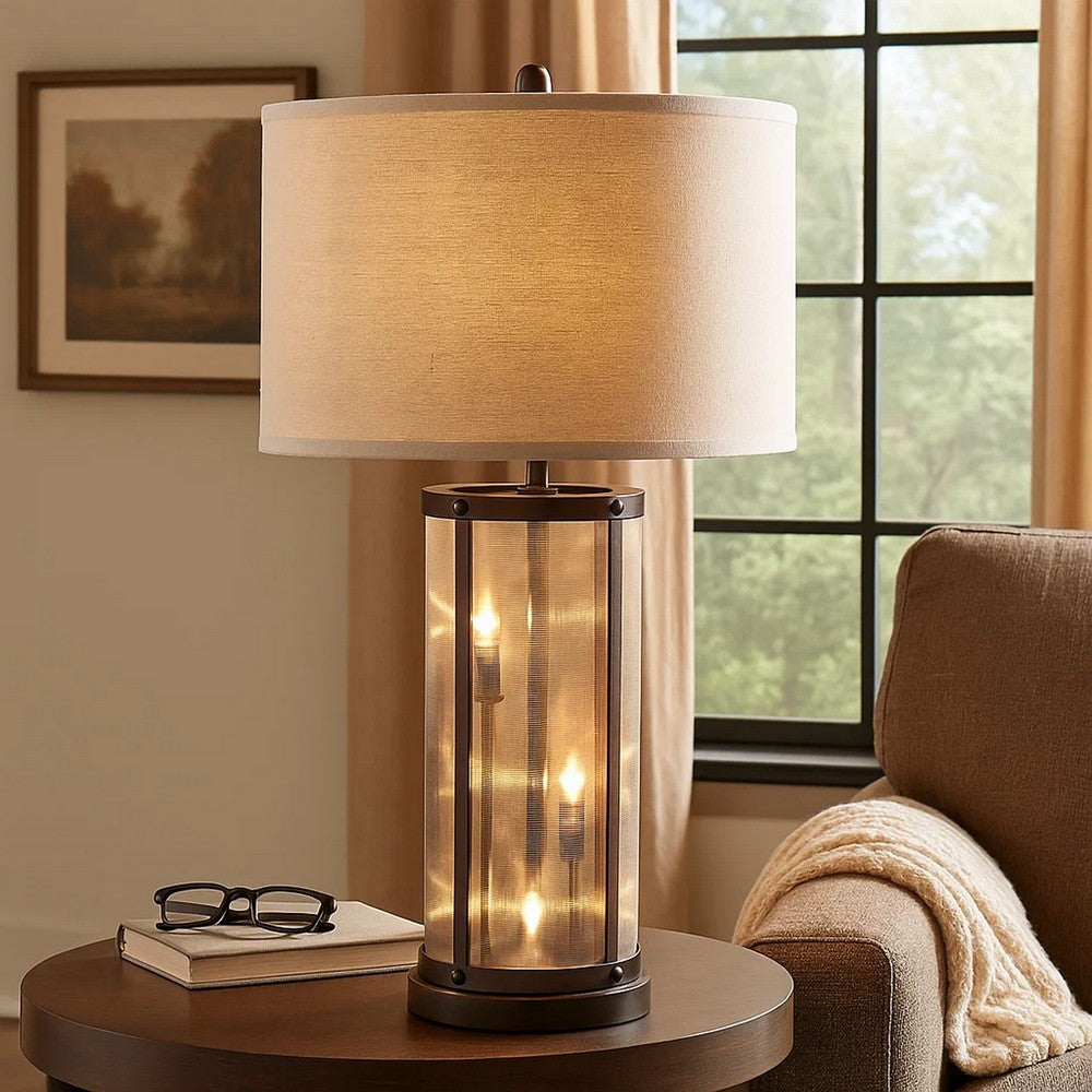 31 Inch Table Lamp, Classic Drum Fabric Shade, Modern Metal Base, Bronze - BM308997