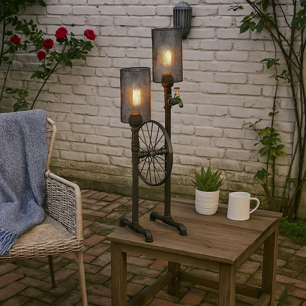 34 Inch Table Lamp, Drum Mesh Shade, Metal Base, Rustic Bronze Finish - BM308999