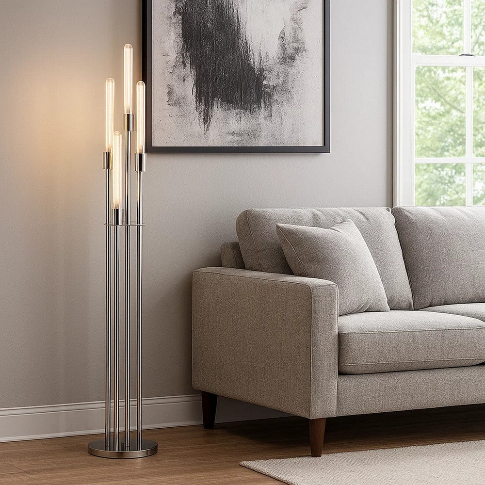 59 Inch Floor Lamp, 4 LED Lights, Metal Round Base, Glossy Nickel Finish - BM309000