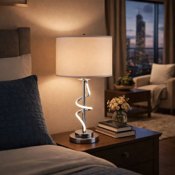 Jame 29 Inch Table Lamp, Drum Fabric Shade, Accent Round Chrome Base - BM309035