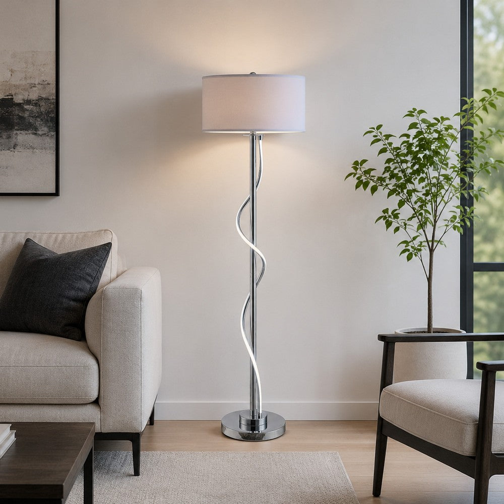 Jame 59 Inch Floor Lamp, Drum Shade, Accent Round Metal Base, Chrome - BM309036