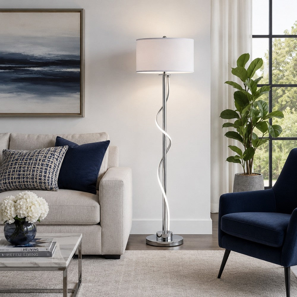Jame 59 Inch Floor Lamp, Drum Shade, Accent Round Metal Base, Chrome - BM309036