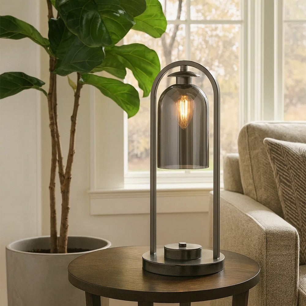 21 Inch Table Lamp, Cylinder Glass Shade, Round Base, Rustic Nickel Gray - BM309037