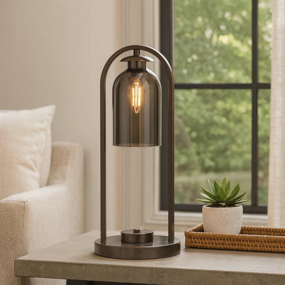 21 Inch Table Lamp, Cylinder Glass Shade, Round Base, Rustic Nickel Gray - BM309037