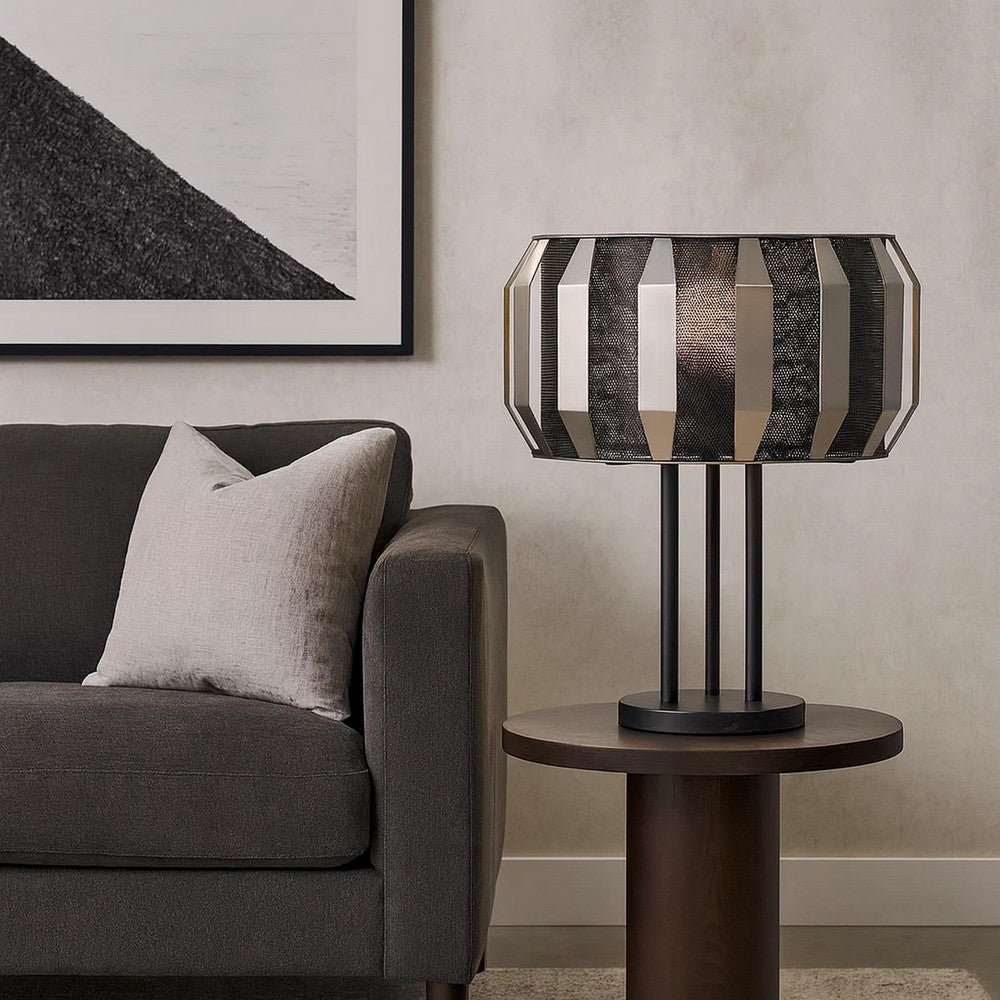 Pin 21 Inch Table Lamp, Wide Drum Metal Shade, Accent Round Base, Black - BM309043
