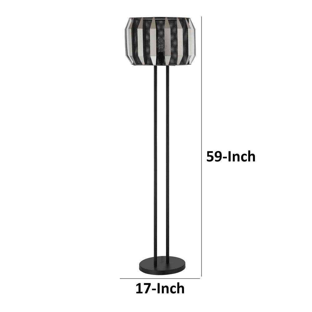 Pin 59 Inch Floor Lamp, Drum Shade, Metal Base, Accent Round Base, Black - BM309044
