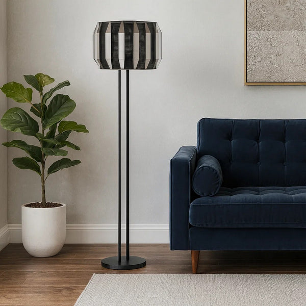 Pin 59 Inch Floor Lamp, Drum Shade, Metal Base, Accent Round Base, Black - BM309044