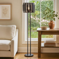 Pin 59 Inch Floor Lamp, Drum Shade, Metal Base, Accent Round Base, Black - BM309044