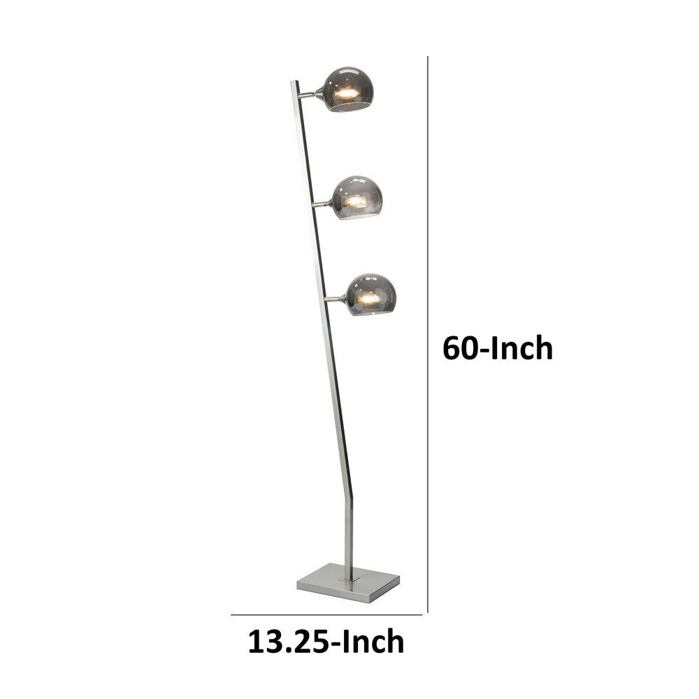 60 Inch Floor Lamp, 3 Dome Glass Shades, Accent Square Metal Base, Nickel - BM309045
