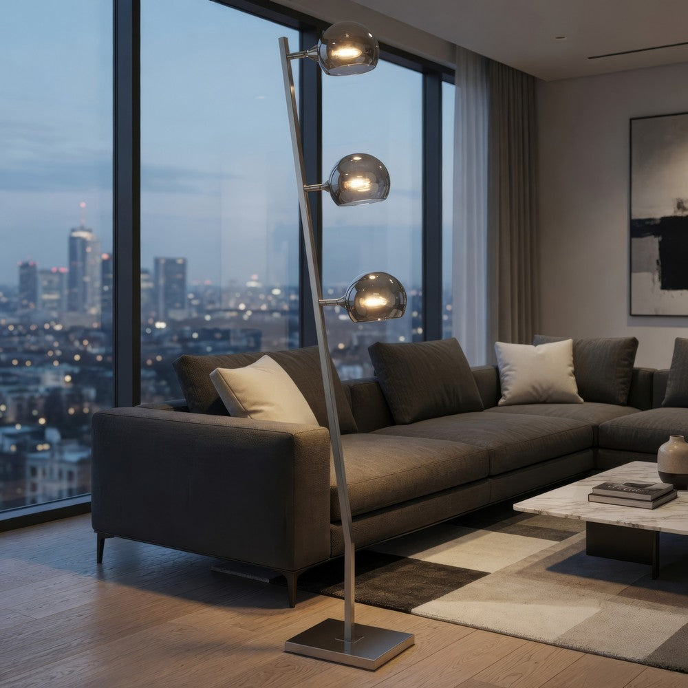 60 Inch Floor Lamp, 3 Dome Glass Shades, Accent Square Metal Base, Nickel - BM309045