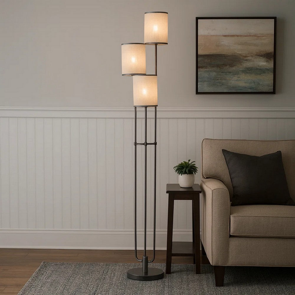 Zen 67 Inch Floor Lamp, 3 Drum Fabric Shades, Round Metal Base, Gray - BM309046