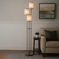 Zen 67 Inch Floor Lamp, 3 Drum Fabric Shades, Round Metal Base, Gray - BM309046