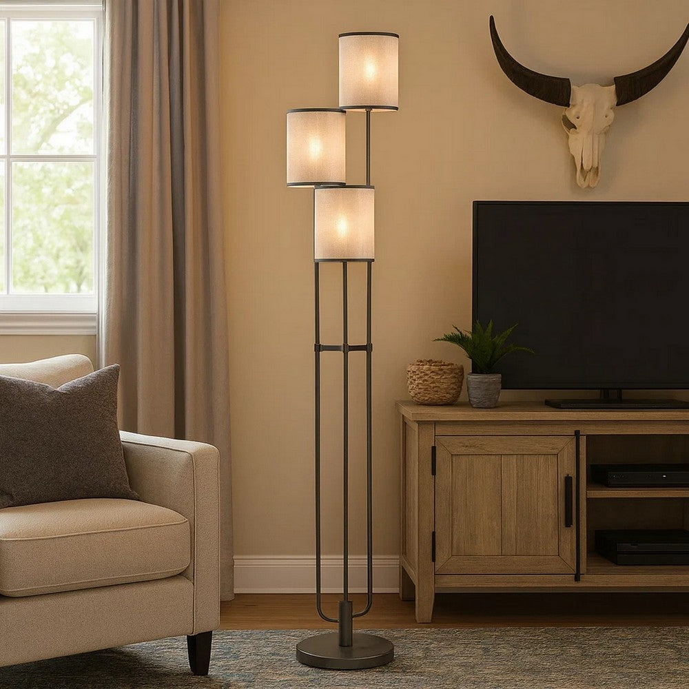 Zen 67 Inch Floor Lamp, 3 Drum Fabric Shades, Round Metal Base, Gray - BM309046