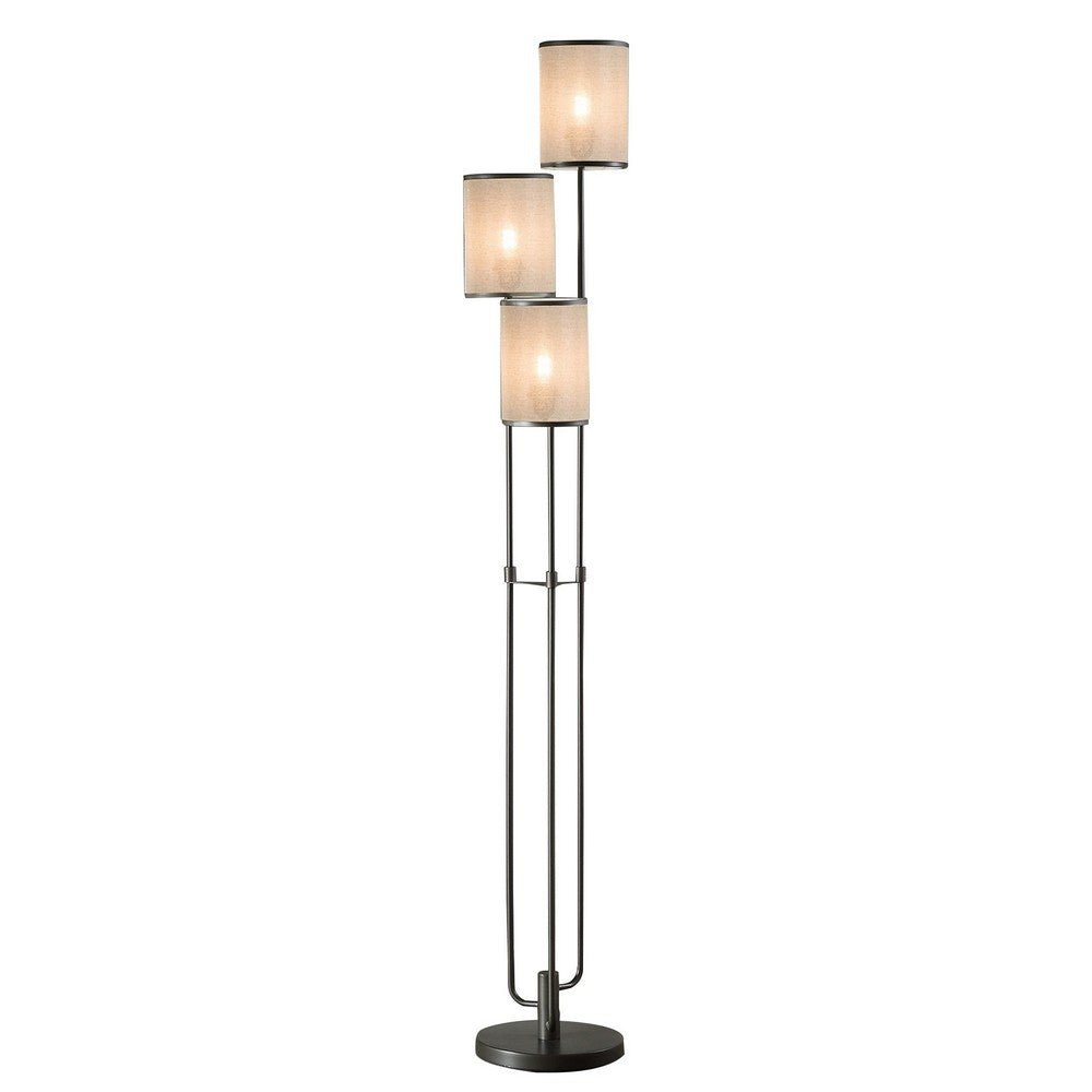 Zen 67 Inch Floor Lamp, 3 Drum Fabric Shades, Round Metal Base, Gray - BM309046