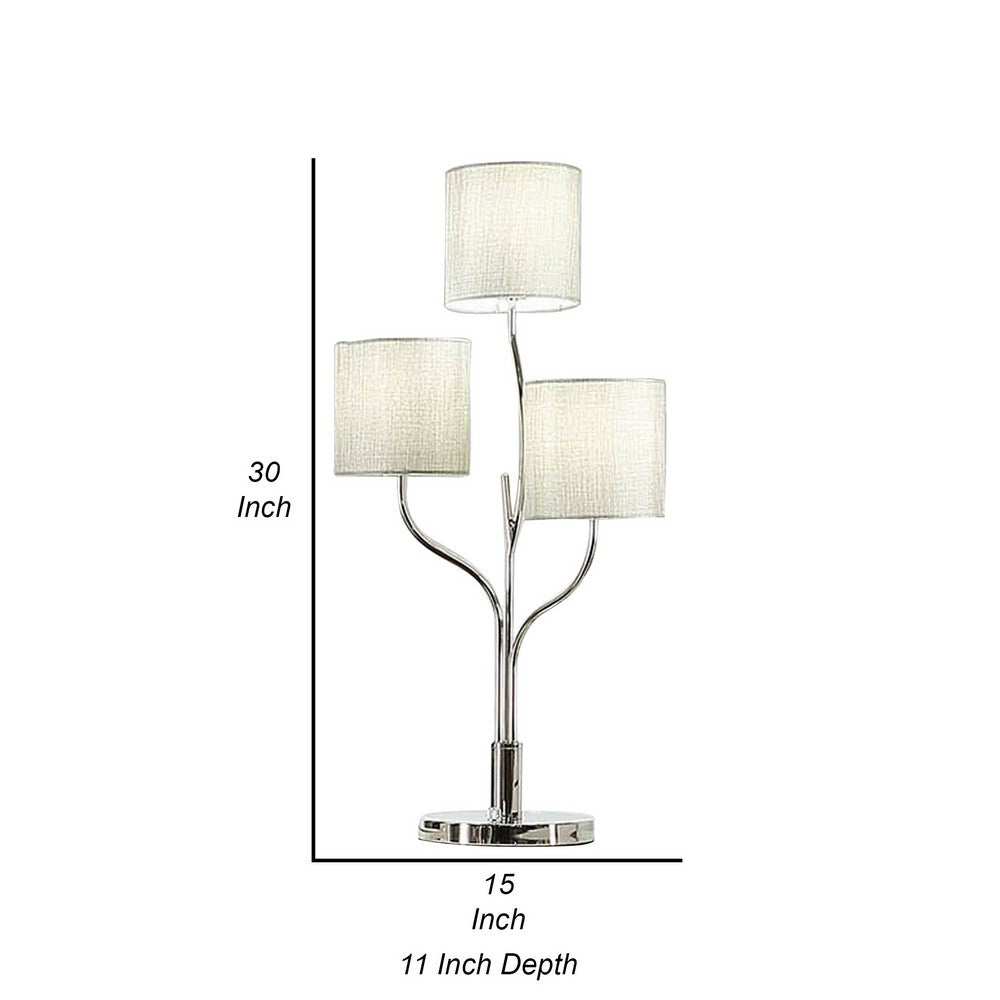 Indi 30 Inch Table Lamp, 3 Drum Fabric Shade, Round Metal Base, Silver - BM309049