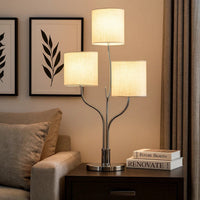 Indi 30 Inch Table Lamp, 3 Drum Fabric Shade, Round Metal Base, Silver - BM309049