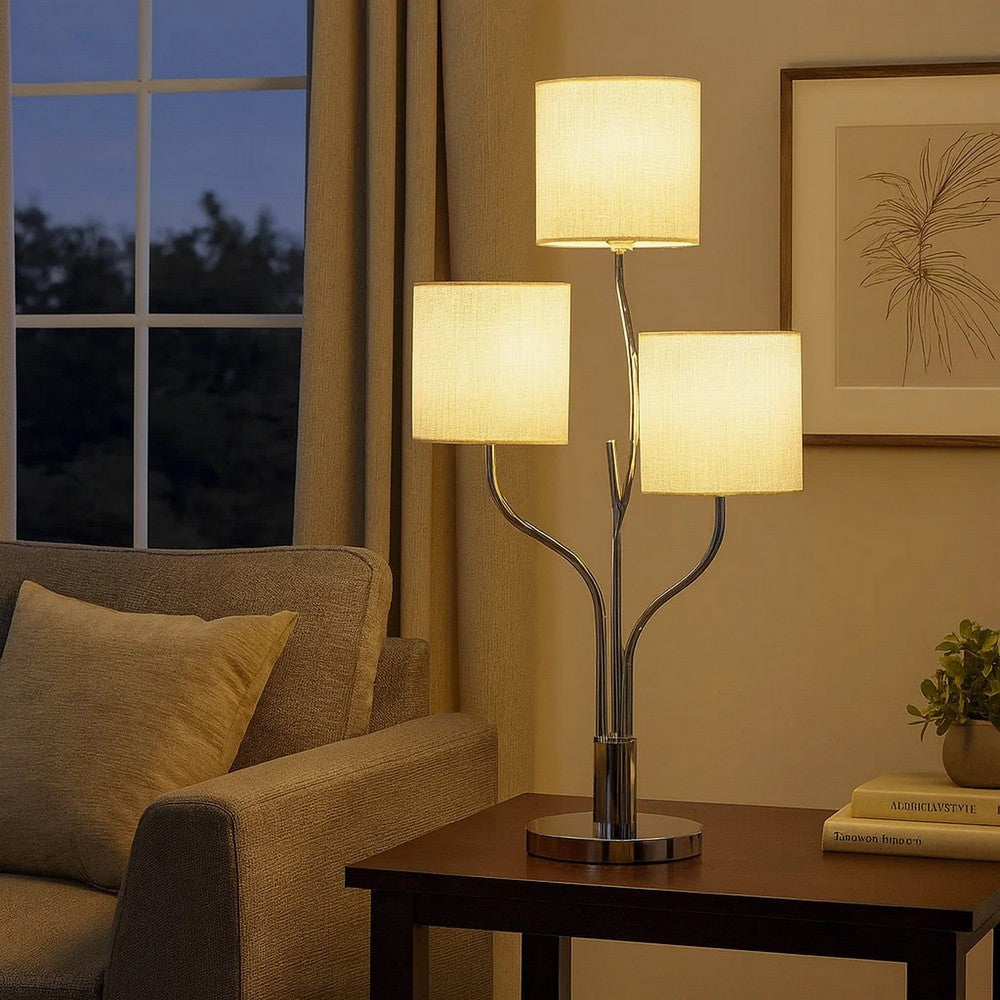 Indi 30 Inch Table Lamp, 3 Drum Fabric Shade, Round Metal Base, Silver - BM309049