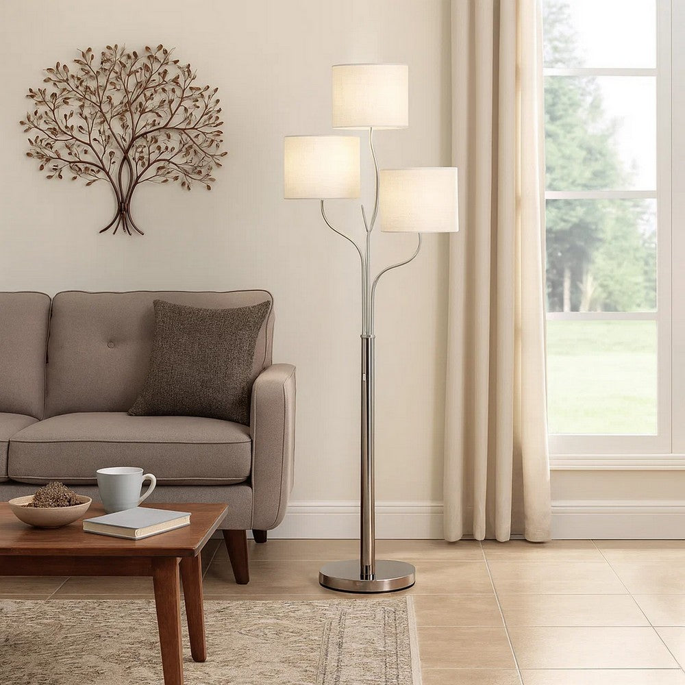 Indi 60 Inch Floor Lamp, 3 Drum Fabric Shade, Round Metal Base, Silver - BM309050