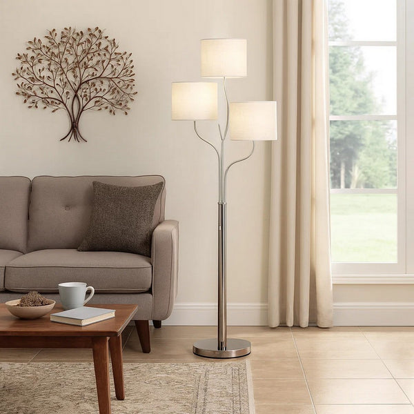 Indi 60 Inch Floor Lamp, 3 Drum Fabric Shade, Round Metal Base, Silver - BM309050