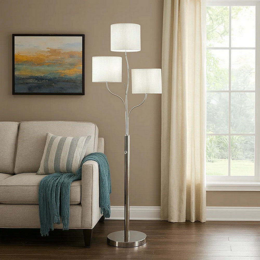 Indi 60 Inch Floor Lamp, 3 Drum Fabric Shade, Round Metal Base, Silver - BM309050