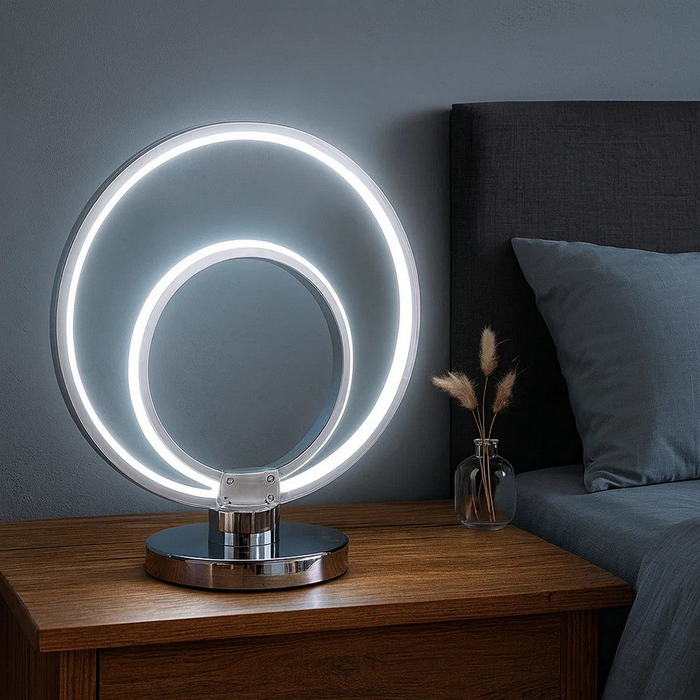 14 Inch Table Lamp, Modern Ring LED Light, Round Metal Base, Silver - BM309052