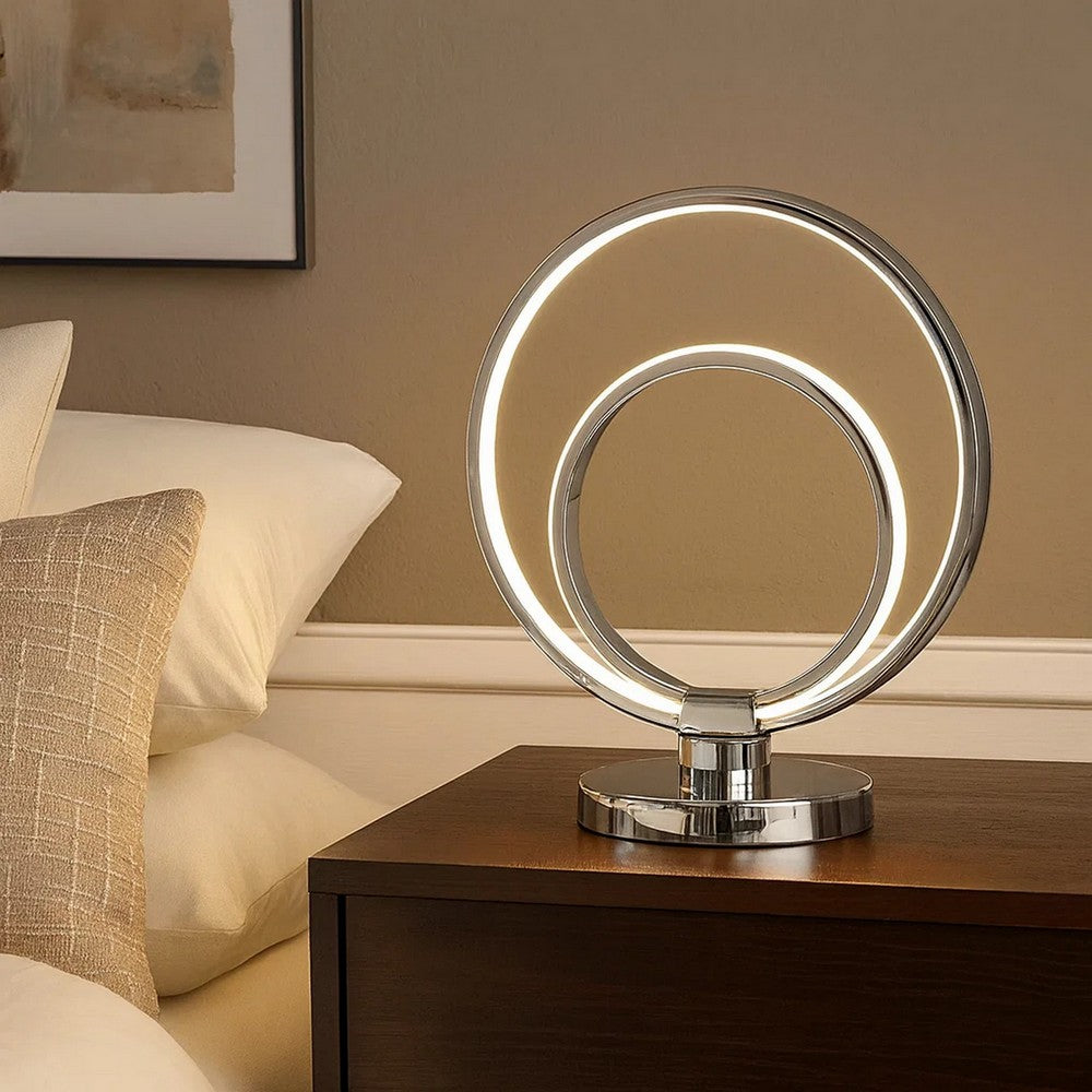 14 Inch Table Lamp, Modern Ring LED Light, Round Metal Base, Silver - BM309052