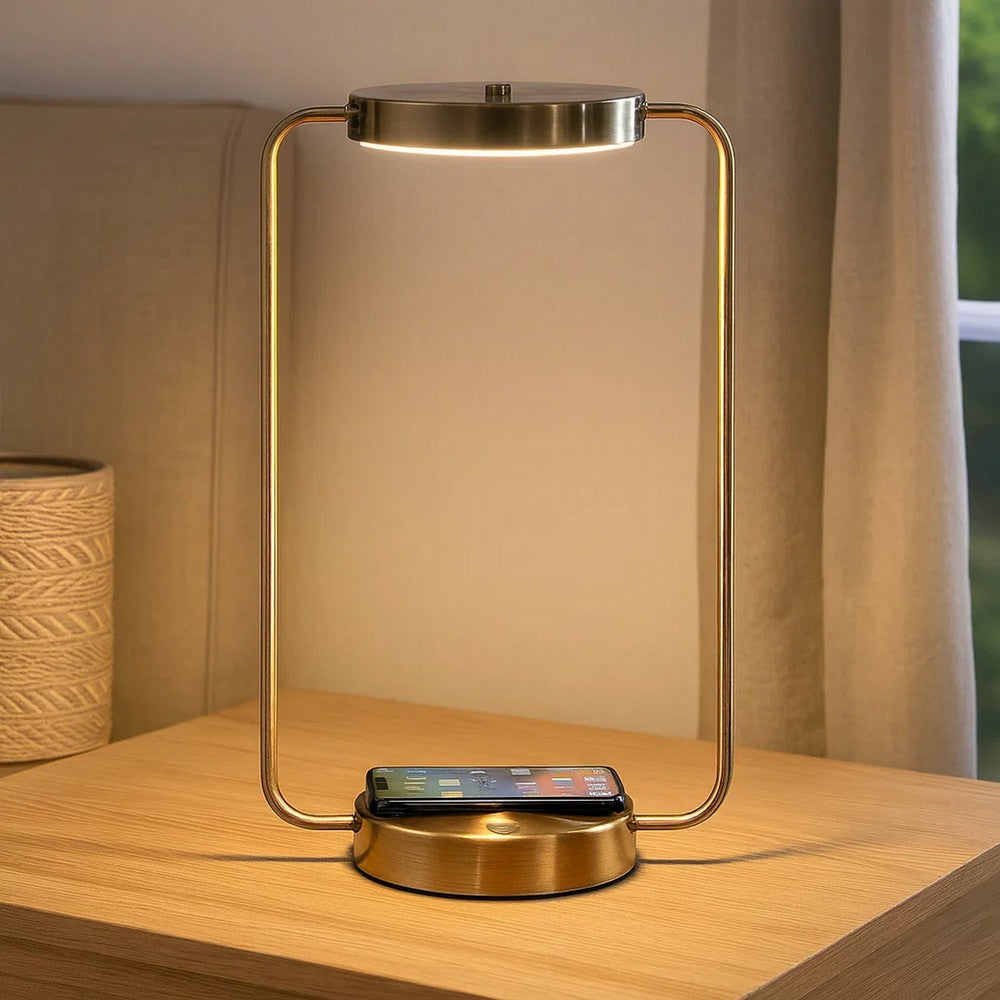 Gizo 21 Inch Table Lamp, LED Light, Wireless Charging, Metal Base, Brass - BM309056