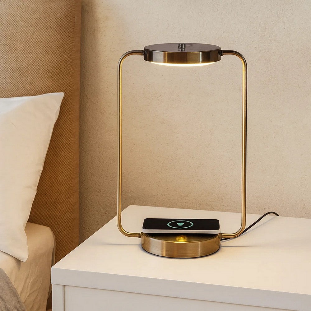Gizo 21 Inch Table Lamp, LED Light, Wireless Charging, Metal Base, Brass - BM309056
