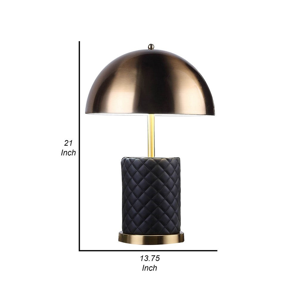 Aria 21 Inch Table Lamp, Dome Shade, Round Base, Black Faux Leather, Brass - BM309062