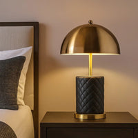 Aria 21 Inch Table Lamp, Dome Shade, Round Base, Black Faux Leather, Brass - BM309062