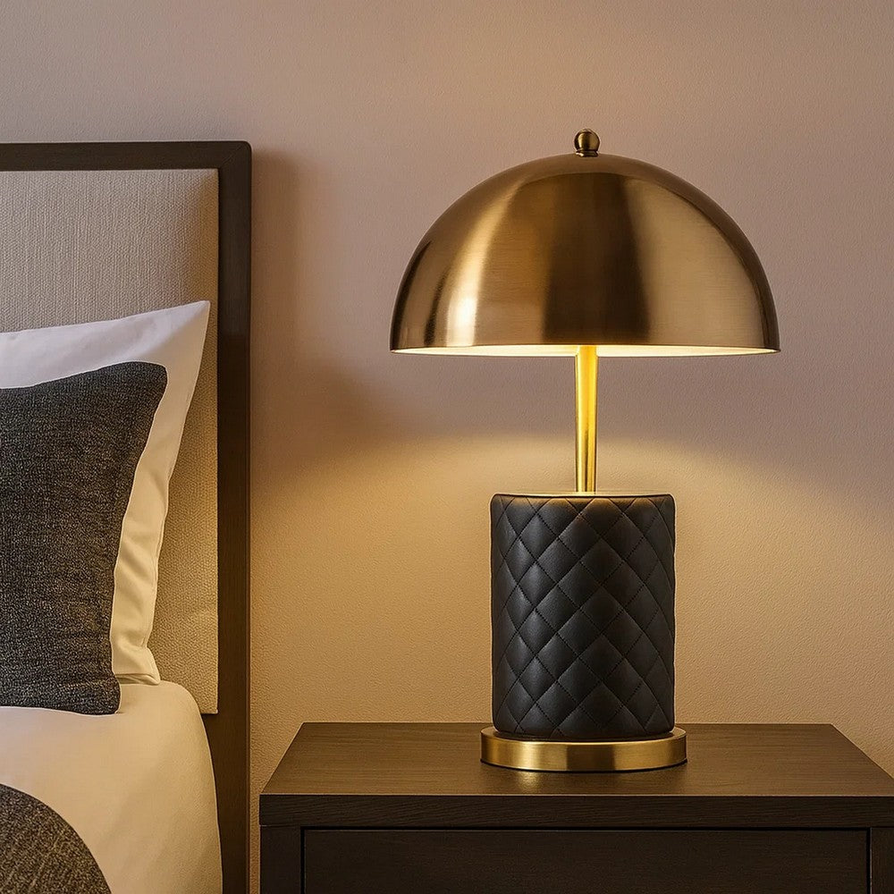 Aria 21 Inch Table Lamp, Dome Shade, Round Base, Black Faux Leather, Brass - BM309062
