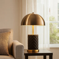 Aria 21 Inch Table Lamp, Dome Shade, Round Base, Black Faux Leather, Brass - BM309062