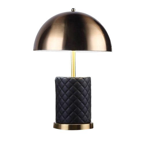 Aria 21 Inch Table Lamp, Dome Shade, Round Base, Black Faux Leather, Brass - BM309062