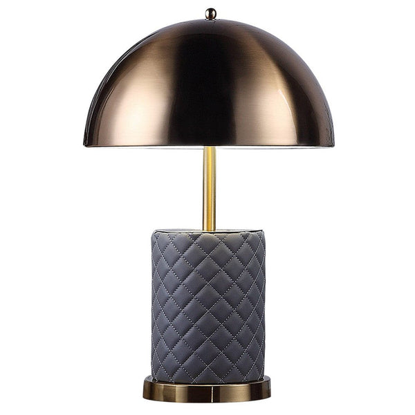 Aria 21 Inch Table Lamp, Dome Shade, Round Base, Gray Faux Leather, Brass - BM309063