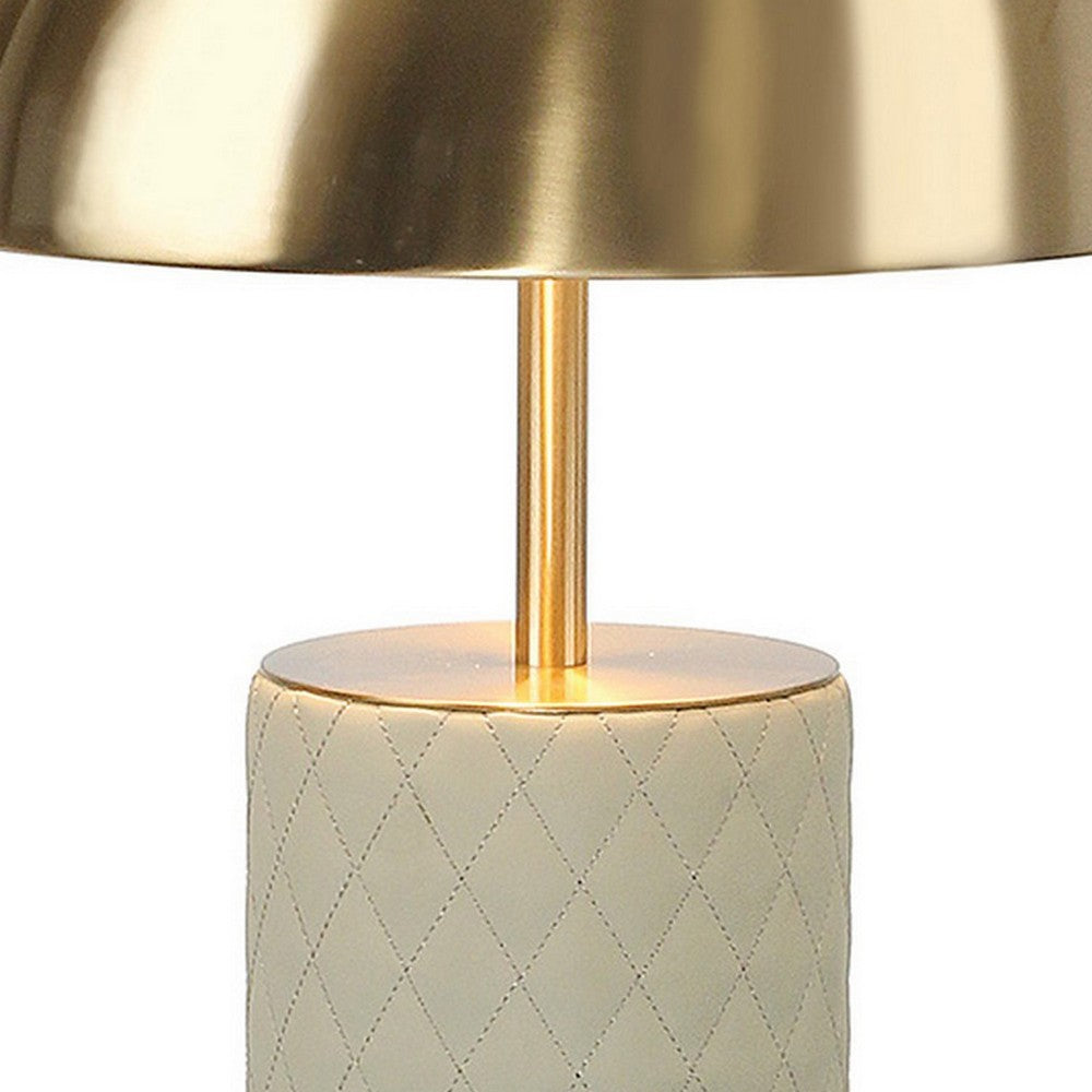 Aria 21 Inch Table Lamp, Dome Shade, Round Base, Beige Faux Leather, Brass - BM309064