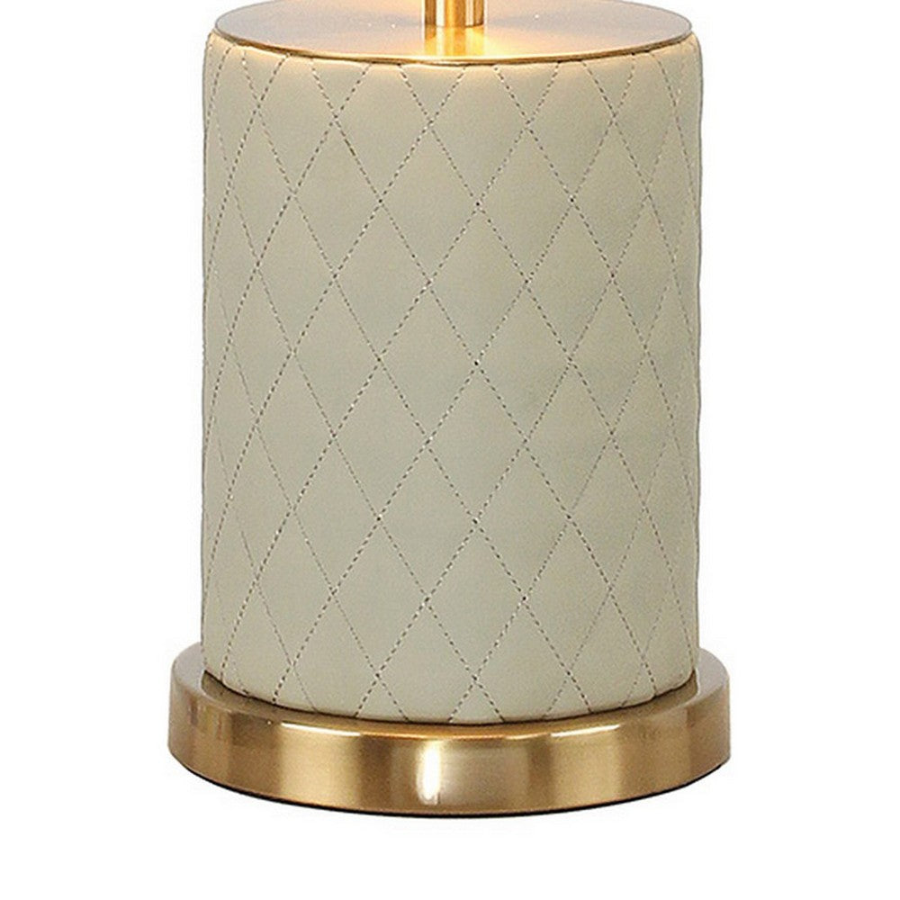 Aria 21 Inch Table Lamp, Dome Shade, Round Base, Beige Faux Leather, Brass - BM309064