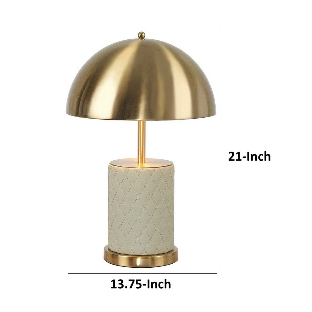 Aria 21 Inch Table Lamp, Dome Shade, Round Base, Beige Faux Leather, Brass - BM309064