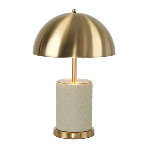 Aria 21 Inch Table Lamp, Dome Shade, Round Base, Beige Faux Leather, Brass - BM309064