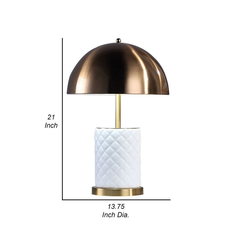 Aria 21 Inch Table Lamp, Dome Shade, Round Base, White Faux Leather, Brass - BM309065