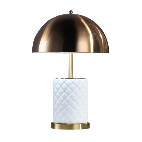 Aria 21 Inch Table Lamp, Dome Shade, Round Base, White Faux Leather, Brass - BM309065
