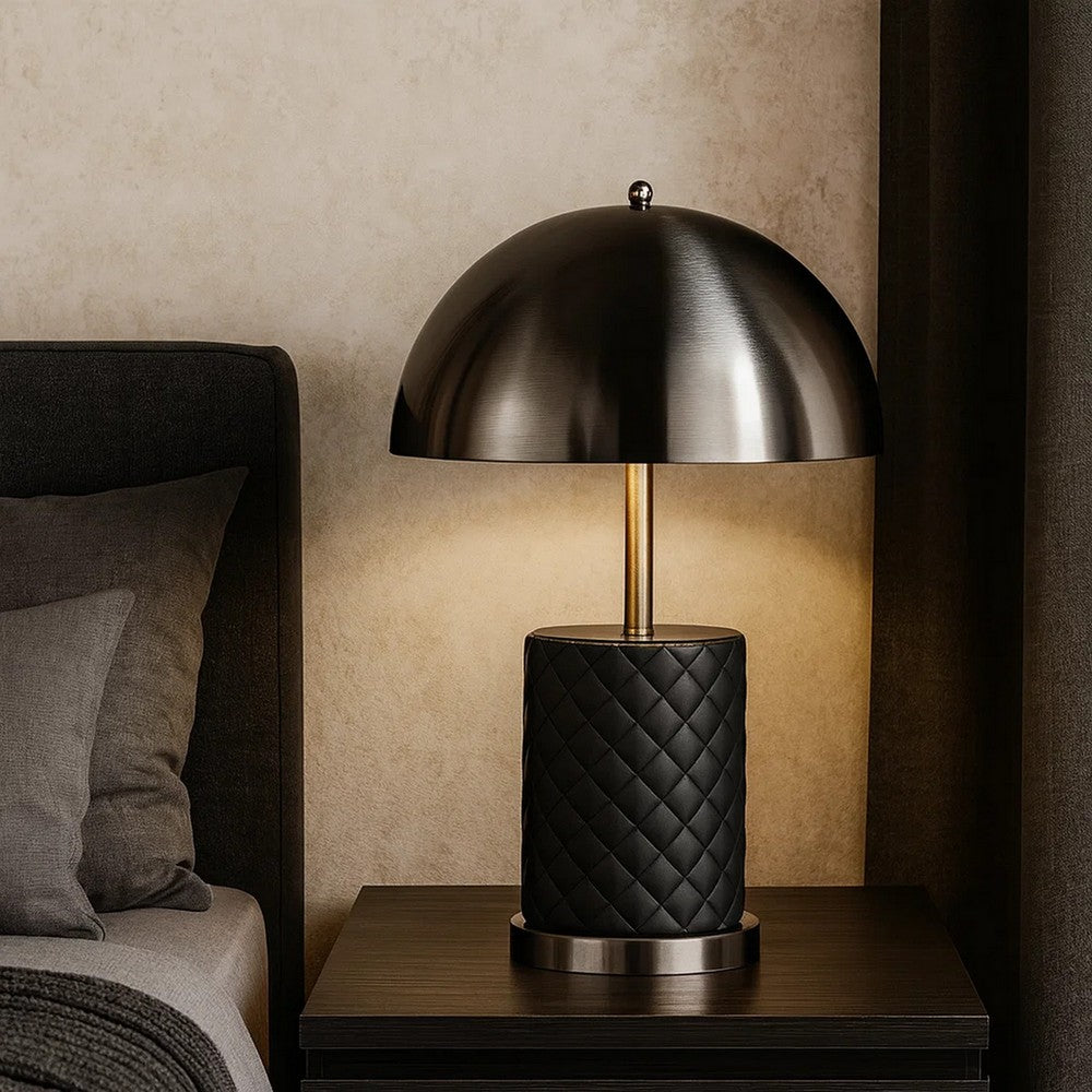 Aria 21 Inch Table Lamp, Round, Dome Shade, Dark Silver, Black Faux Leather - BM309066